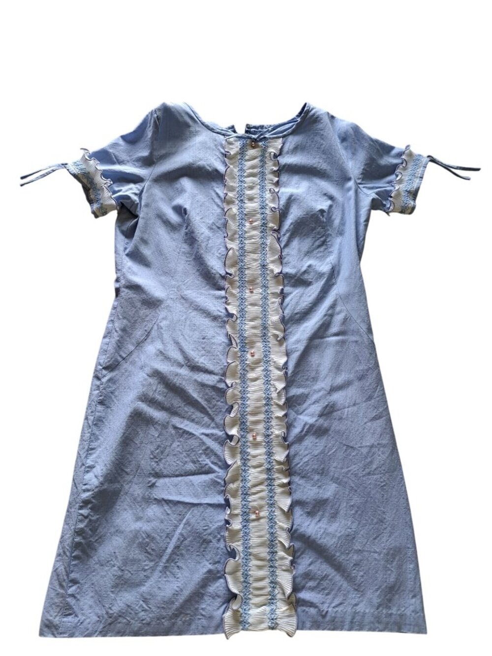 Vtg 60's Handmade Short-Sleeve Dress Ruffle Bows Smocking  Size L Lightweight